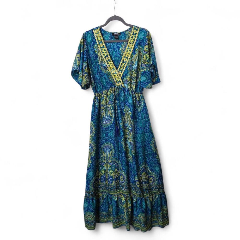Naoo Nation AK Outfits Embroidered Satin Green Boho Satin Maxi Dress, Size Large